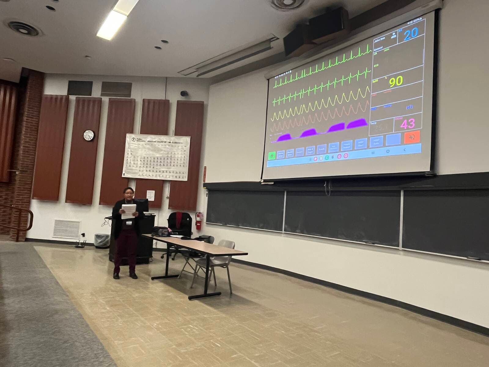 SimVS patient monitor displayed on lecture hall projector during nursing education class
