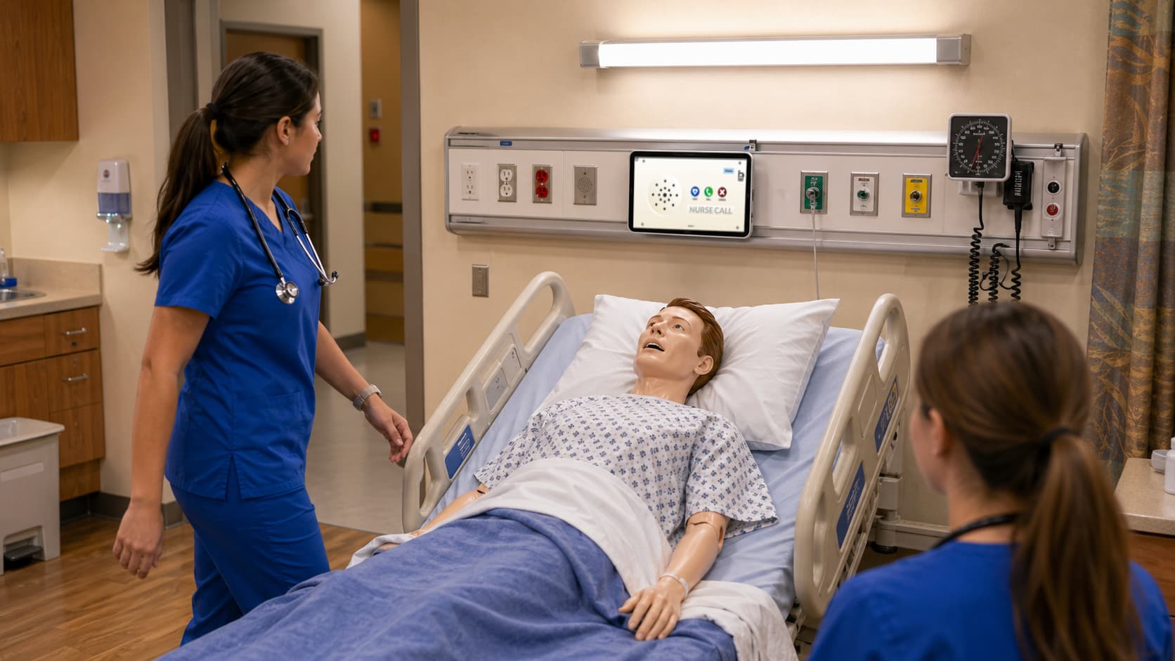 Nursing student at a hospital headwall using the SimVS bedside tablet to respond to a patient call bell