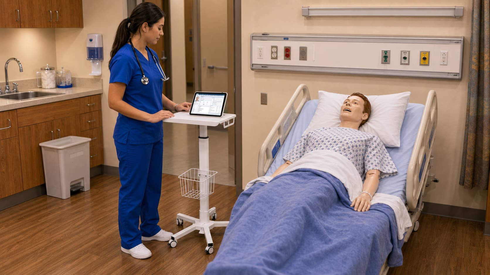 Nursing student reviewing a simulated patient chart on the SimVS EHR cart tablet beside a manikin's hospital bed