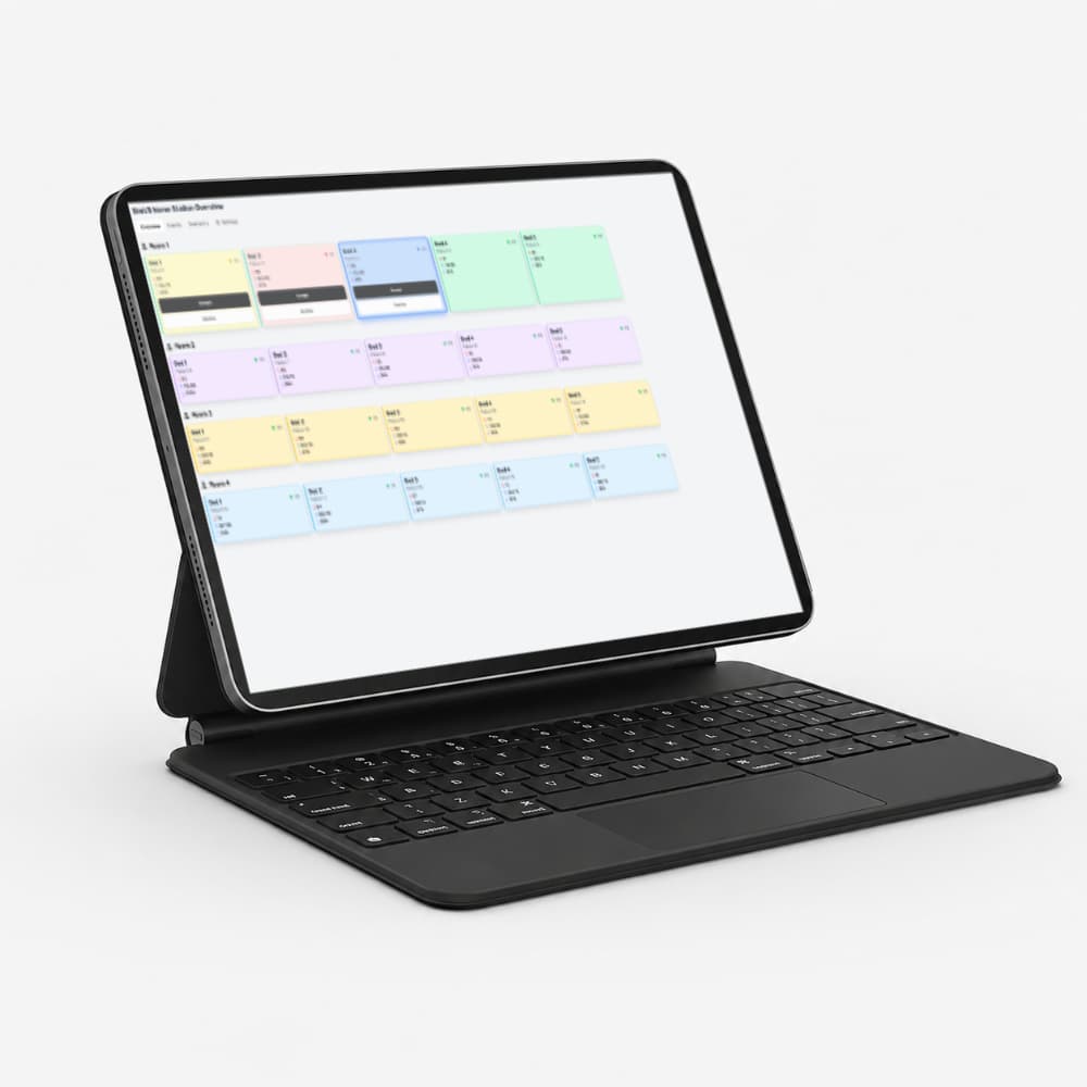 SimVS Nurse Hub tablet showing a real-time overview of all active patient beds and call statuses