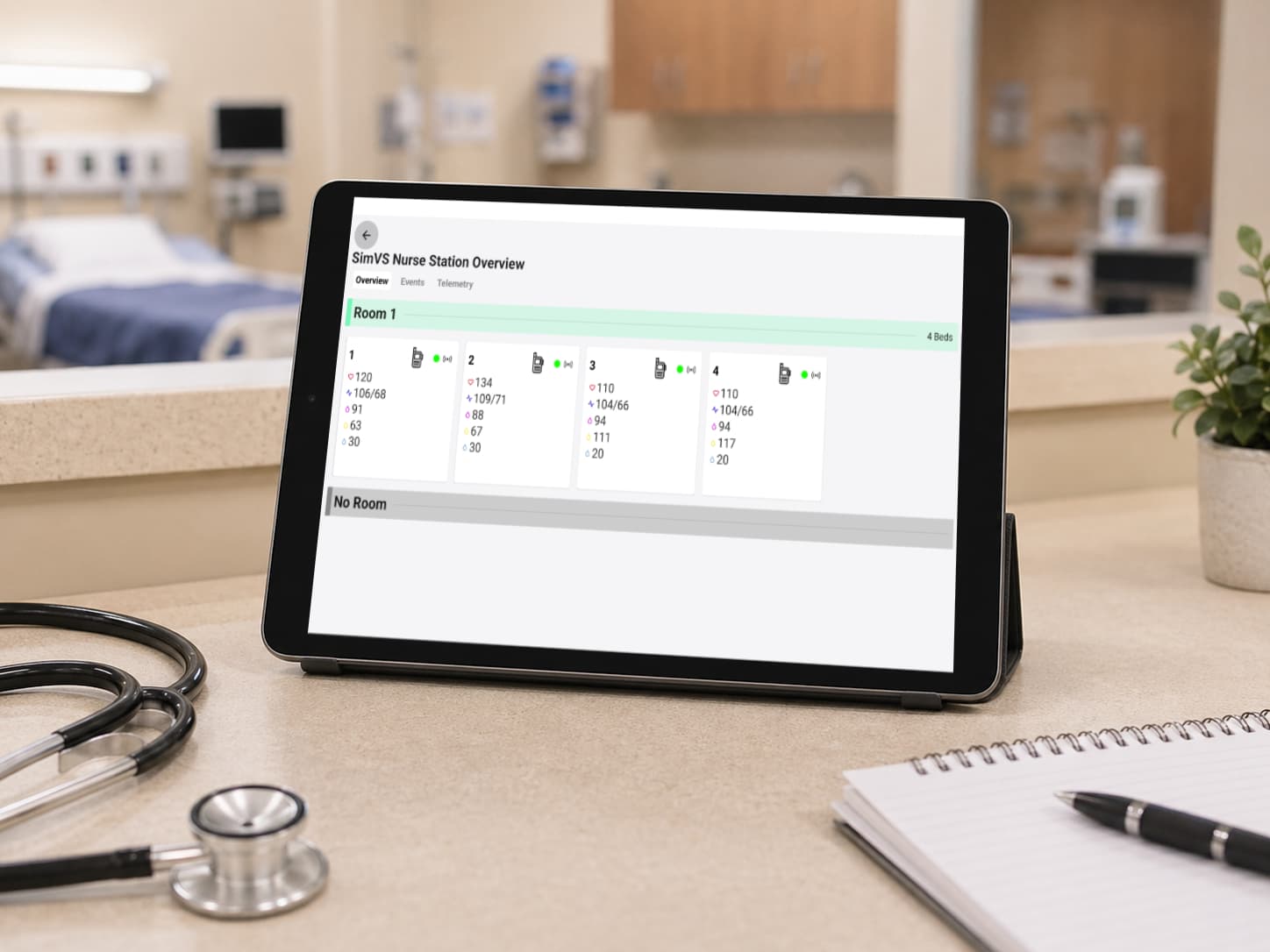 SimVS simulation lab with tablet-based patient monitors in use
