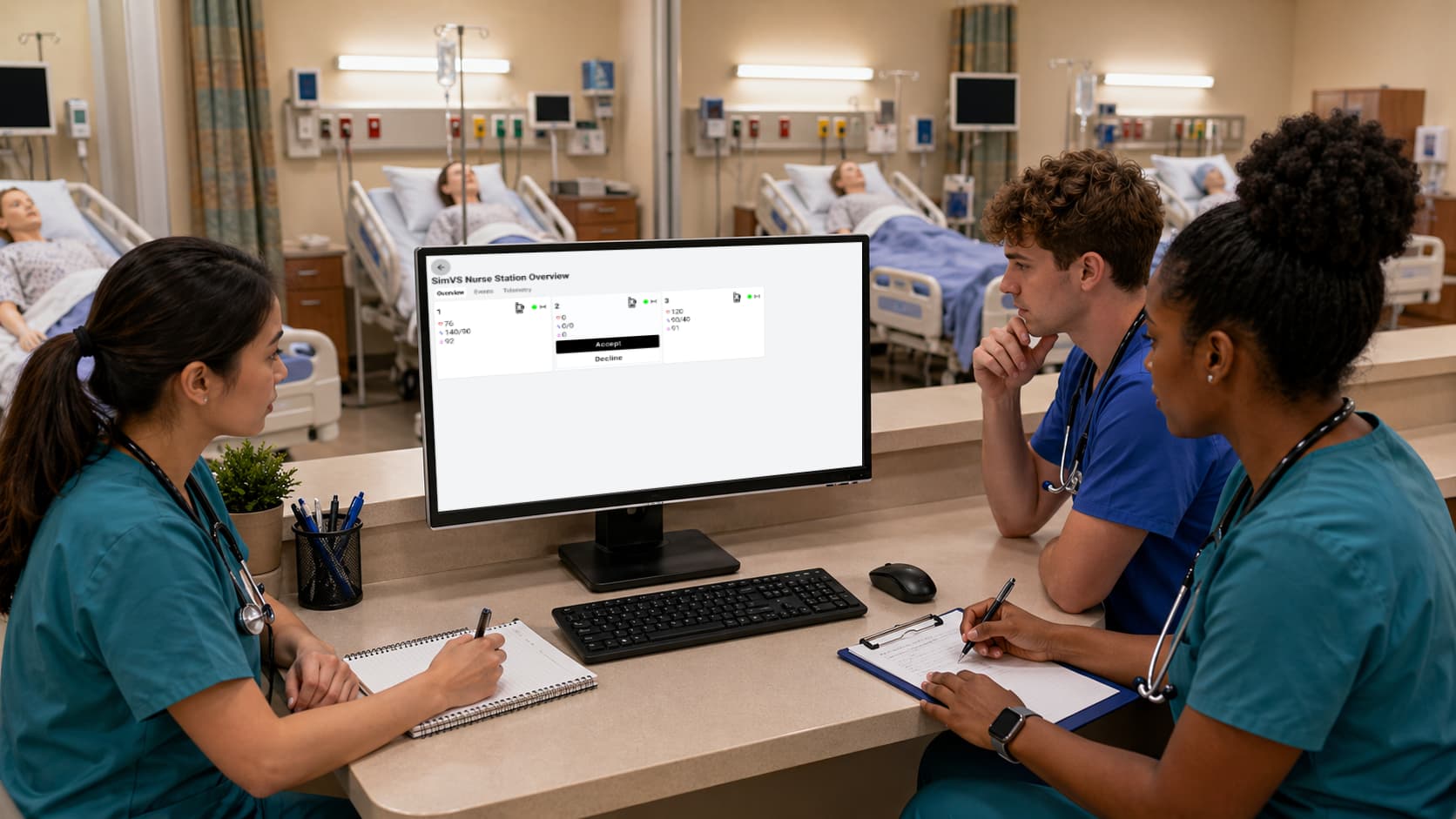 Nursing students gathered around the SimVS Nurse Station central monitor in a multi-bed simulation lab, with patient beds in the background