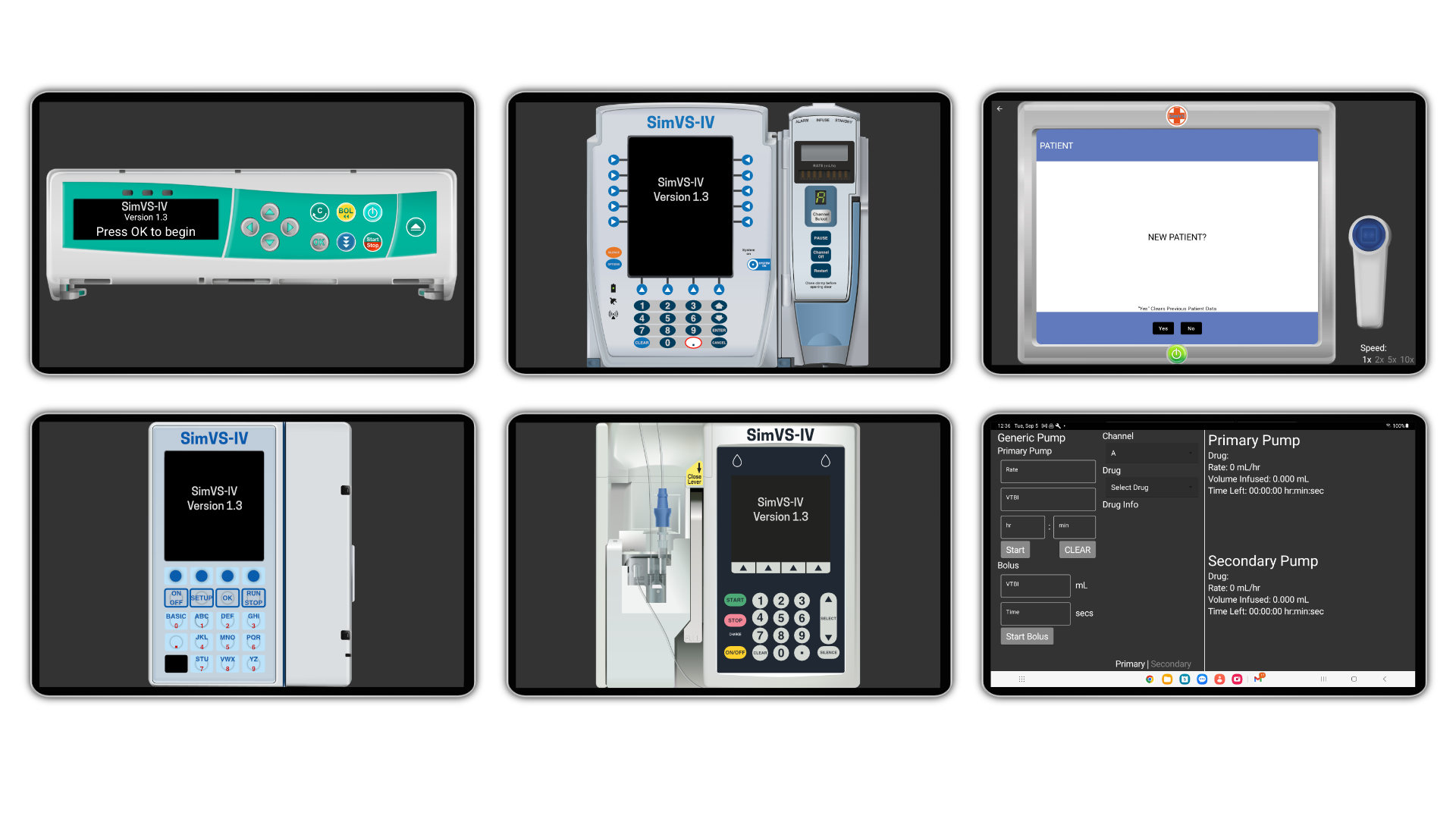 One tablet, six real-world pump interfaces: Alaris, Baxter, Infusomat, Plum, PCA, and a generic pump