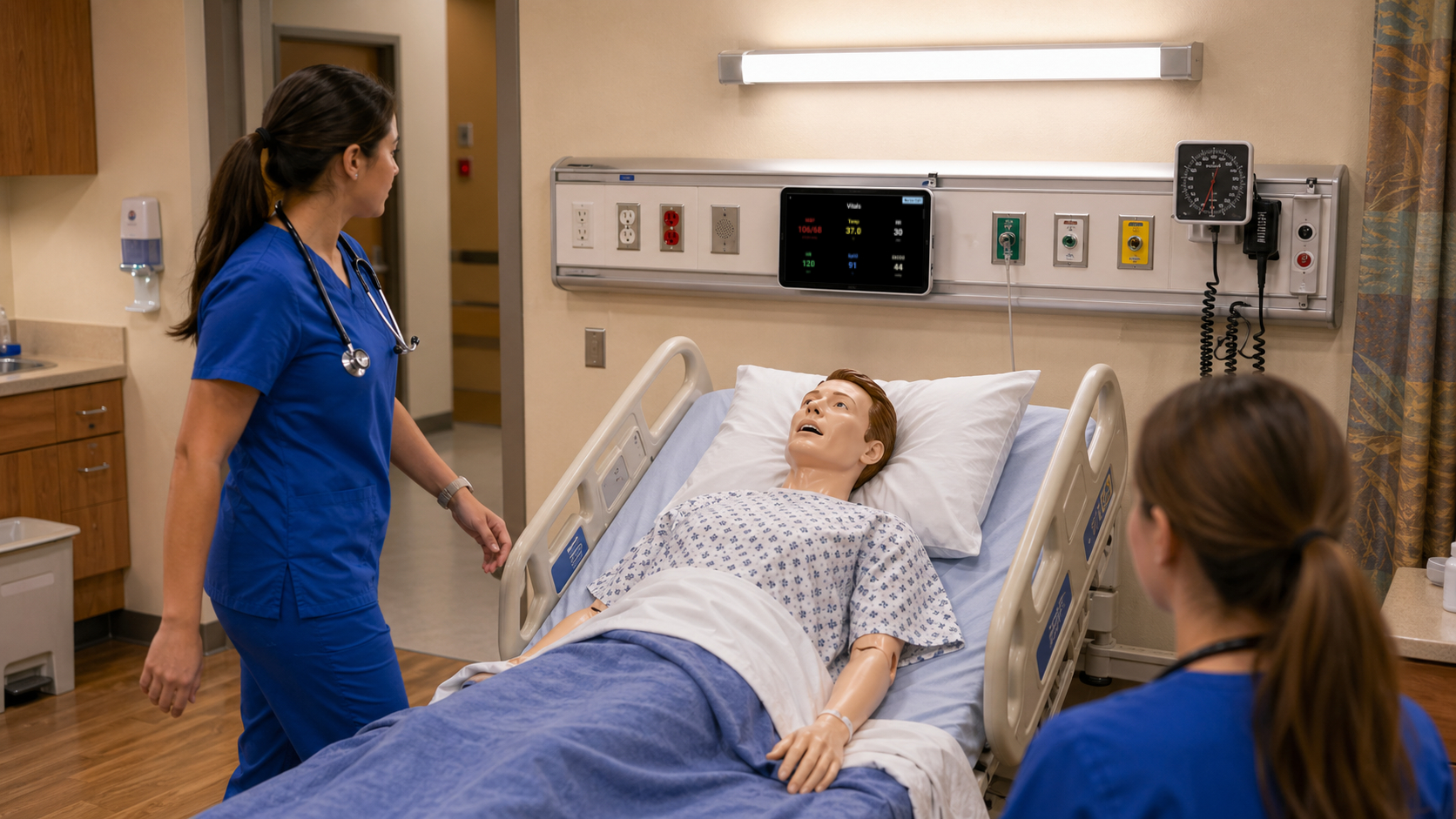 Nursing students at a manikin's bedside with a SimVS vitals monitor and nurse call on the headwall.